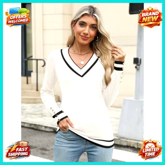 V Neck Pullover Sweater with Decorative Buttons, Lightweight Knit Fabric - Picture 2 of 7